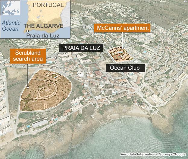 Map of the scrubland search area, Praia da Luz, Portugal