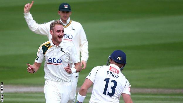 Nottinghamshire's Stuart Broad celebrates the wicket of Sussex's Matt Prior