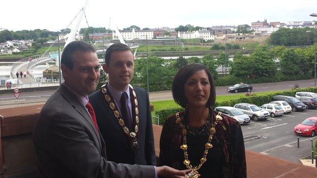 From left: Outgoing mayor Martin Reilly, the new deputy mayor Gary Middleton, and the new mayor Brenda Stevenson