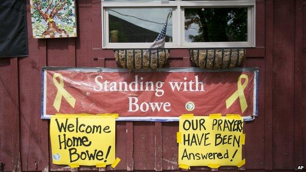 Signs celebrating Sgt Bowe Bergdahl's release hung on the front of Zaney's coffee shop in Hailey, Idaho, on 31 May 2014