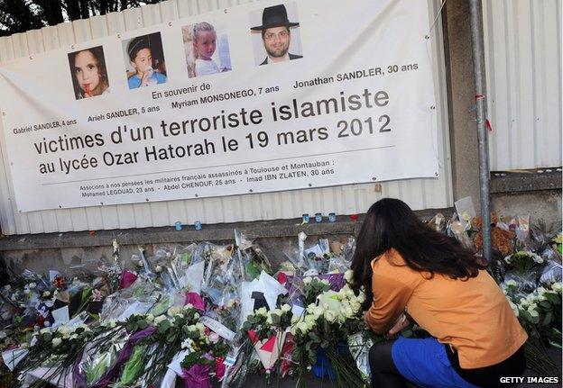 Flowers laid at Jewish school in Toulouse to remember victims of Mohammed Merah (March 2012)