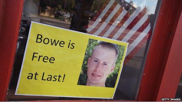 A sign in a shop window in Hailey, Idaho celebrates Bergdahl's release