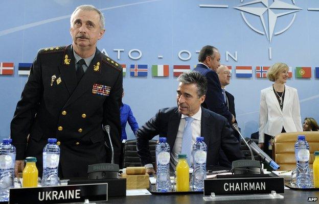 Acting Ukrainian Defence Minister Mykhailo Koval (L) and North Atlantic Treaty Organization (NATO) Secretary General Anders Fogh Rasmussen arrive for a defence ministers" meeting at the NATO headquarters in Brussels on June 3