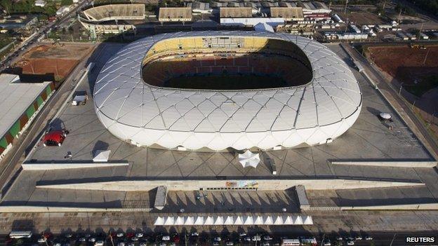 An aerial view of the Amazonia Arena soccer stadium in Manaus, 3 June 2014