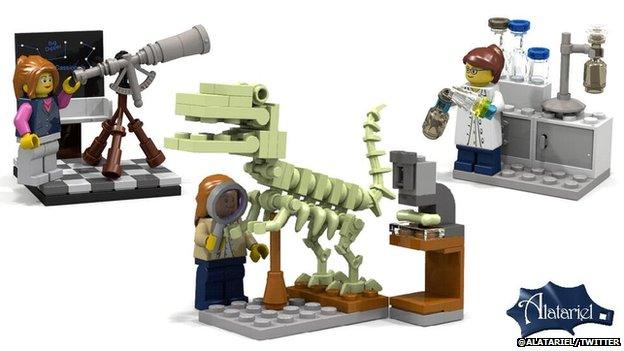 Three female scientist Lego minifigures