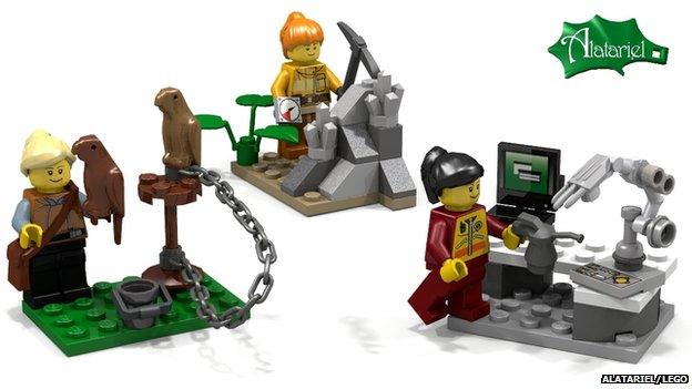 Three female professional Lego minifigures