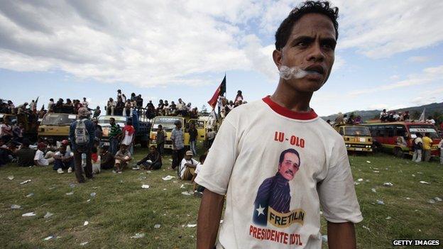 Man smoking at political rally in East Timor, 2007