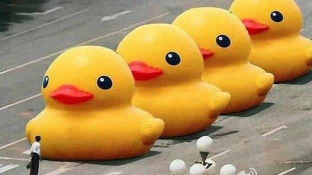 The famous Tiananmen Square image with the tanks replaced by ducks