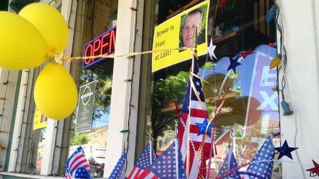 Flags and balloons in Hailey, Idaho, on 4 June 2014, marked Sgt Bowe Bergdahl's release