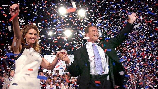 Republican Arnold Schwarzenegger is joined by wife Maria Shriver as he celebrates his victory in the California gubernatorial recall election in Los Angeles, Tuesday, Oct. 7, 2003