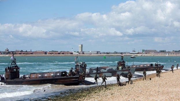 British Marines and their Dutch counterparts demonstrate a beach assault near Southsea Common