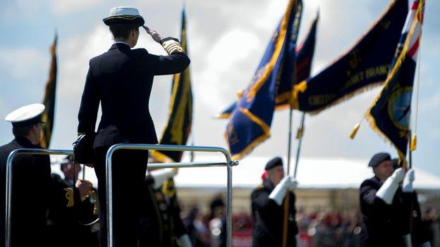 The Princess Royal receives a salute from veterans during the Drumhead service