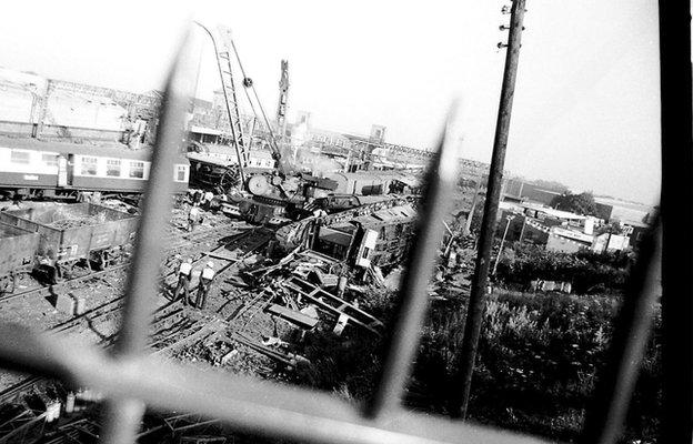 View of accident through railings