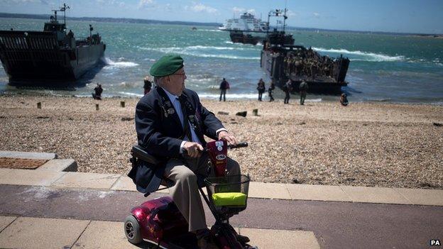 Veteran Fred Perkins watching the staged beach invasion near Southsea Common