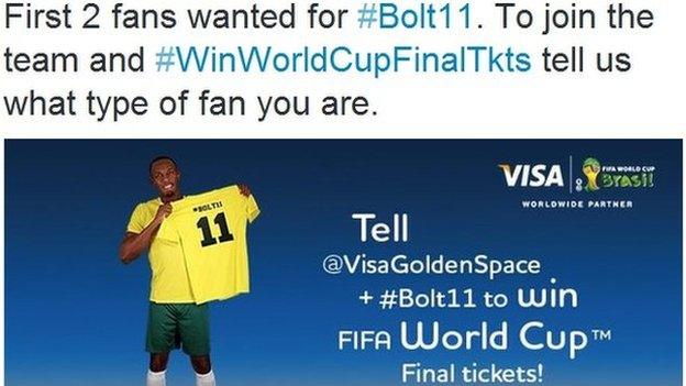 Sprinter Usain Bolt on the Visa World Cup twitter promotion page