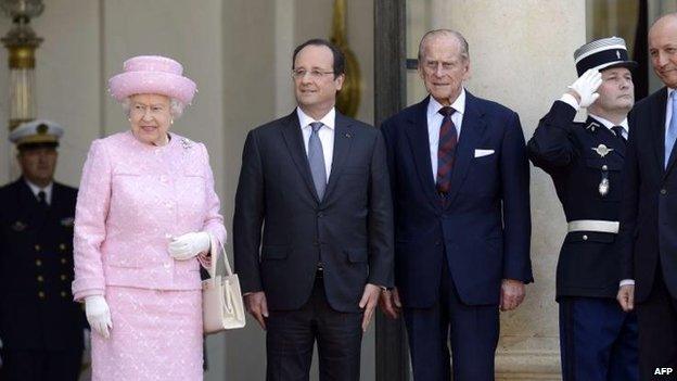 The Queen, Duke of Edinburgh and French President Francois Hollande at the Elysee Palace in Paris on 5 June 2014.