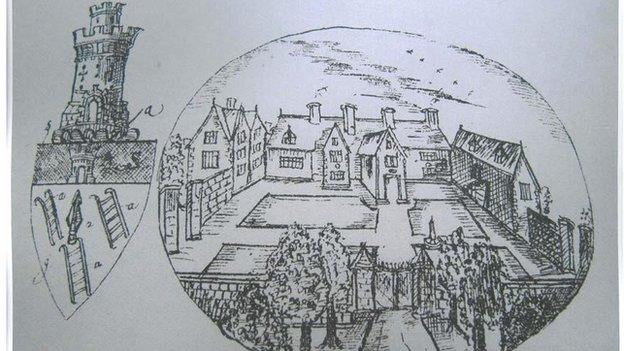 The mansion depicted on a drawing by Thomas Dinely in 1684