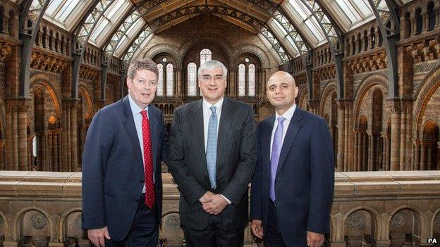 Museum Director Dr Michael Dixon, Sir Michael Hintze and Secretary of State for Culture, Media and Sport Sajid Javid at the Natural History Museum, London