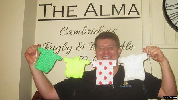 Knitted bunting at The Alma pub in Cambridge