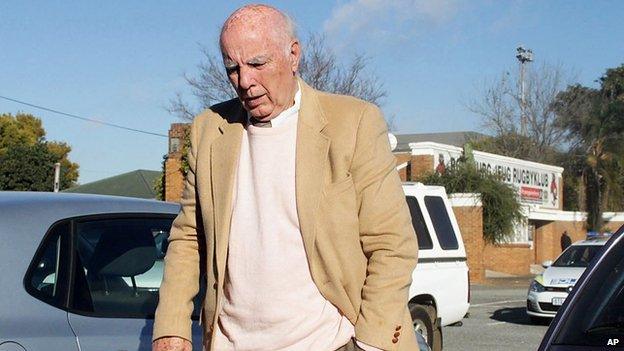 Bob Hewitt is seen outside the magistrates court in Boksburg, South Africa, on 6 June 2014.