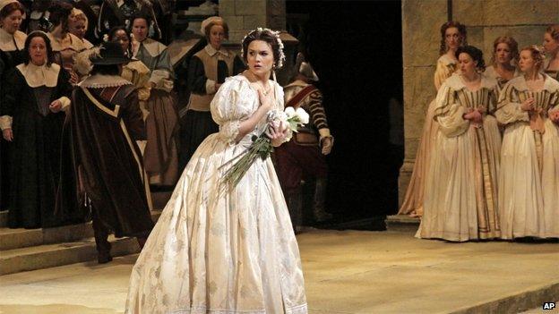 Olga Peretyatko during a dress rehearsal at the Metropolitan Opera in New York, for Vincenzo Bellini’s I Puritani, April 2014.