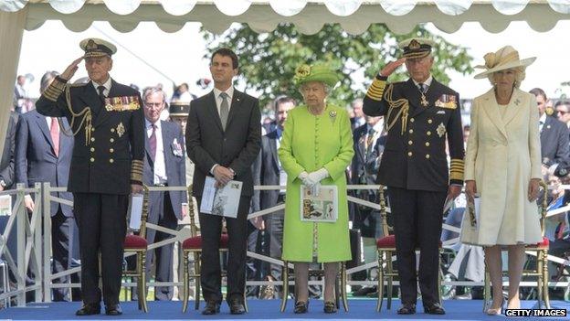 Duke of Edinburgh, French Prime Minister Manuel Valls, the Queen, Prince Charles and the Duchess of Cornwall