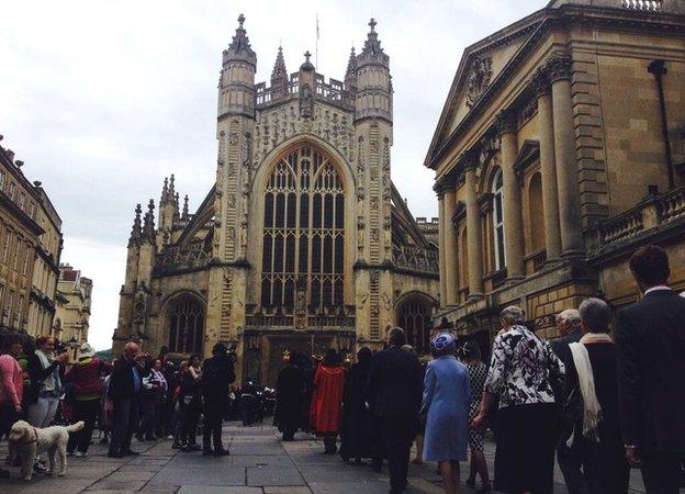 Mary Berry approaches Bath Abbey on the day she is given the freedom of the city