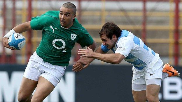 Ireland's Simon Zebo attempts to get past Nicolas Sanchez in Saturday's game