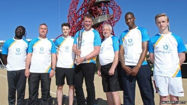 Sir Matthew Pinsent with baton bearers Baton bearers (left to right) Chris Zah, Daniel O'Sullivan, JJ Webb, Jim Howell, Ashley Cooper and Jonathan Bennett