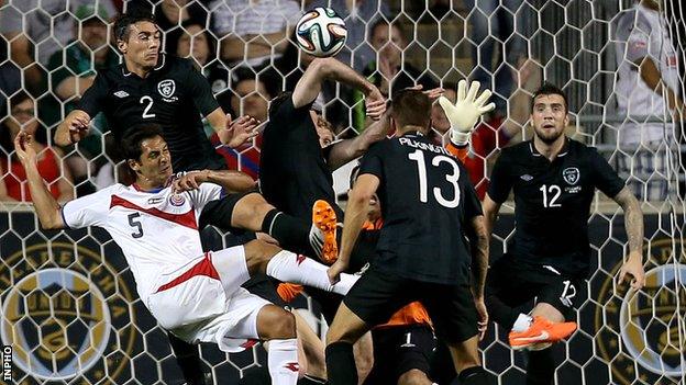 Shane Duffy [right] during his Republic of Ireland debut against Costa Rica on Saturday morning