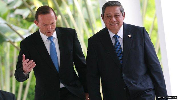 Australian Prime Minister, Tony Abbott, attends a meeting with Indonesia President, Susilo Bambang Yudhoyono, on 4 June, 2014 in Batam, Indonesia