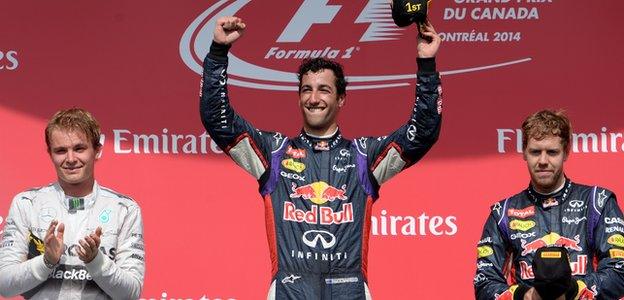 Formula 1's Daniel Ricciardo, Nico Rosberg and Sebastian Vettel celebrate podium finish in Montreal