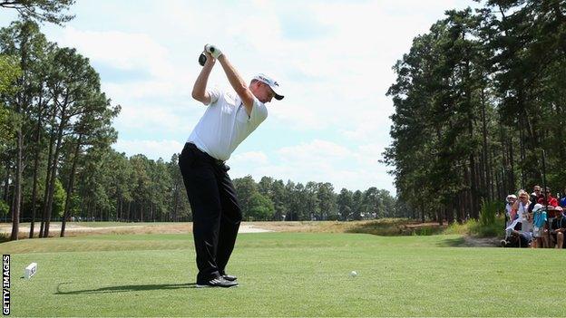 Stephen Gallacher tees off during a practice round at Pinehurst.