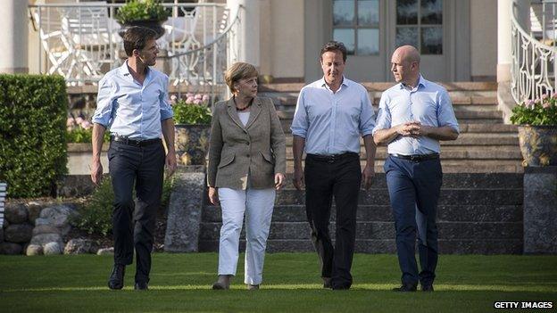 (L-R) Dutch PM Mark Rutte, German Chancellor Angela Merkel, British PM David Cameron and Swedish PM Fredrik Reinfeldt an informal meeting on 9 June 2014 in in Harpsund, Sweden.