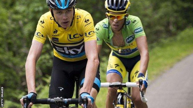 Britain's Chris Froome leads Alberto Contador uup the Col du Beal