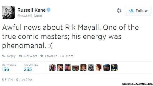 Russell Kane's tweet about Rik Mayall