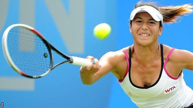 Heather Watson loses in three sets to Aleksandra Wozniak in the Aegon Classic first-round match