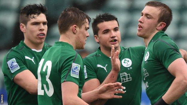 Ireland's Ciaran Gaffney celebrates his try in the Pool B match against Fiji