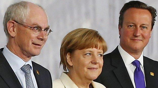 EU leaders - Van Rompuy, Merkel and Cameron, file pic