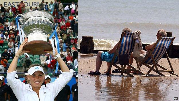 Caroline Wozniacki with the winners's trophy in 2009 and two people in deckchairs on the beach at Eastbourne