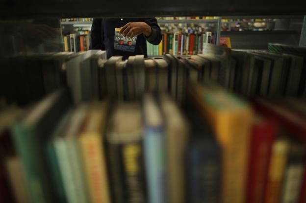 Browser seen through a library stack