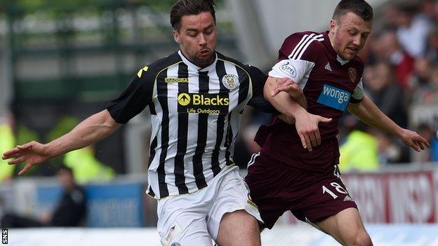 Darren McGregor eases Hearts' Dale Carrick off the ball