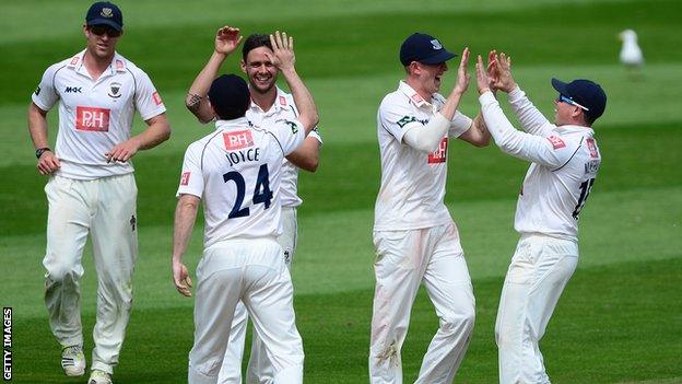 Sussex players James Anyon, Ed Joyce, Steffan Piolet, Luke Wells and Matt Machan celebrate a wicket