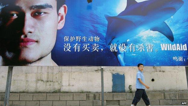 This file photo taken on 5 June, 2007 shows a boy walking past a billboard showing Chinese basketball star Yao Ming in a campaign to raise awareness on wildlife preservation, part of his campaign to urge Asians to stop consuming shark's fin soup