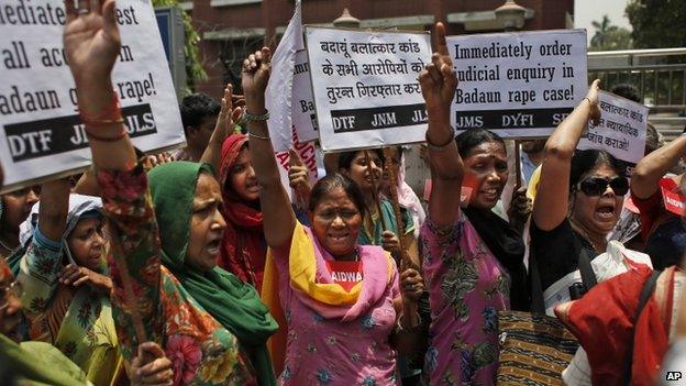 Members of the All India Democratic Women"s Association (AIDWA) shout slogans during a protest against the gang rape of two teenage girls, in New Delhi, India, Saturday, May 31, 2014.