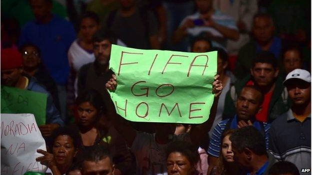 Members of social movements take part in a protest against the upcoming FIFA World Cup Brazil 2014 in Sao Paulo, Brazil on 4 June, 2014