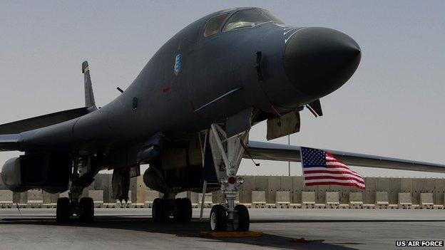 A B1 Lancer is parked on the flight line at Al Udeid Air Base, Qatar (26 May 2014)