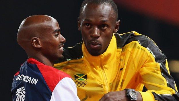 Mo Farah and Usain Bolt embrace