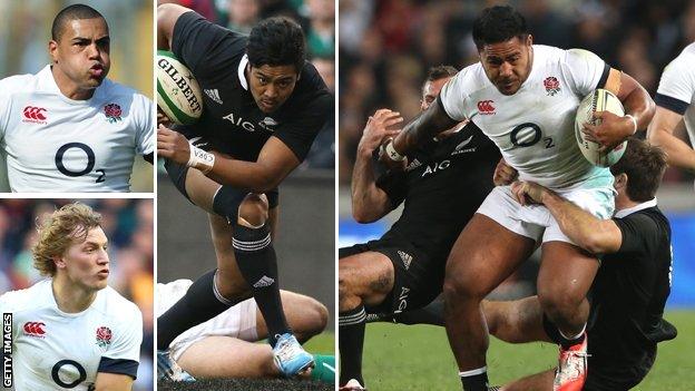 Clockwise from bottom left: England centres Billy Twelvetrees and Luther Burrell, New Zealand wing Julian Savea and England winger Manu Tuilagi