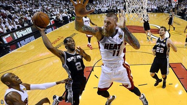 San Antonio Spurs forward Kawhi Leonard goes to the basket under pressure from Miami Heat forward Chris Andersen